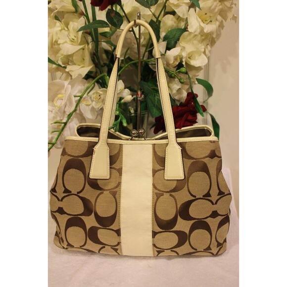 COACH SIGNATURE STRIPE FRAMED PURPLE CARRYALL SATCHEL BAG PURSE #F13533 (p170 - Picture 1 of 10